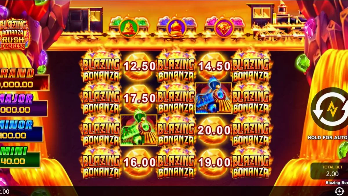 Tampilan visual slot Blazing Bonanza Rush Express dengan latar belakang tambang emas